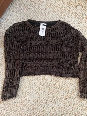 12th Tribe Brown Cropped Open-Knit Crewneck Sweater